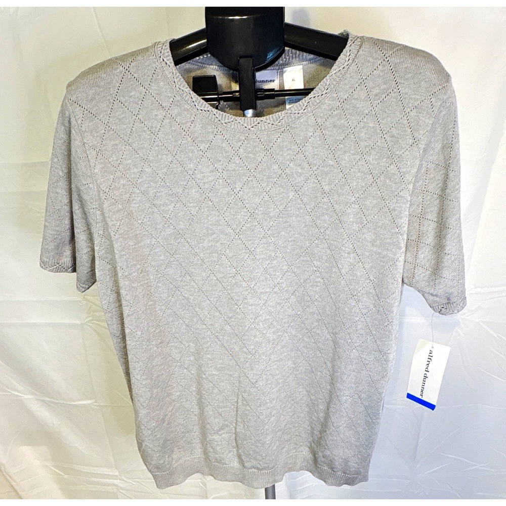 Alfred Dunner Gray Argyle Pointelle Knit V-Neck Short Sleeve Sweater XL